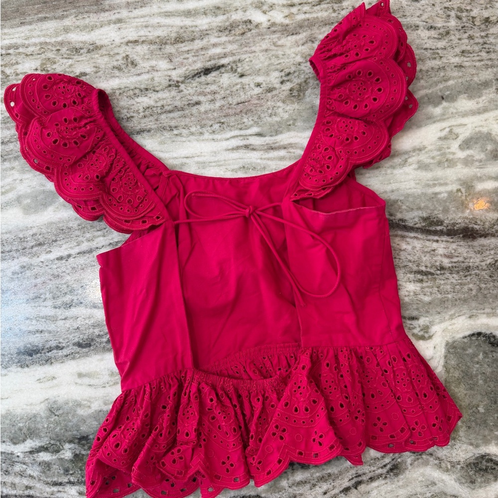 Express Red Eyelet Ruffle Blouse - Picture 4 of 6